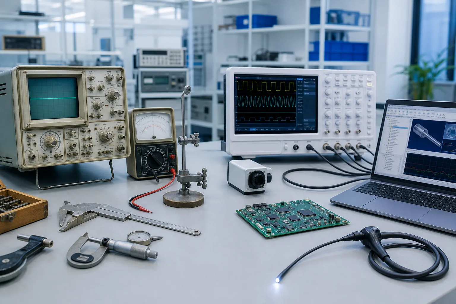 アナログ計測機器と最新のデジタル機器が並ぶ開発現場